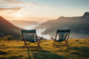 Two folding chairs sitting on a meadow and in the distance an amazing view of some mountain ranges - Starpik Stock