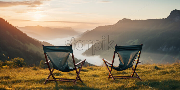 Two folding chairs sitting on a meadow and in the distance an amazing view of some mountain ranges - Starpik Stock