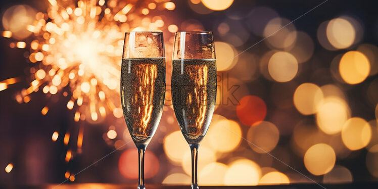 Two glasses of champagne against the background of fireworks - Starpik Stock