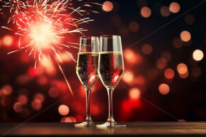 Two glasses of champagne against the background of fireworks - Starpik Stock