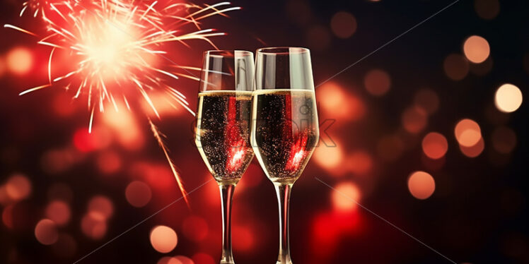 Two glasses of champagne against the background of fireworks - Starpik Stock