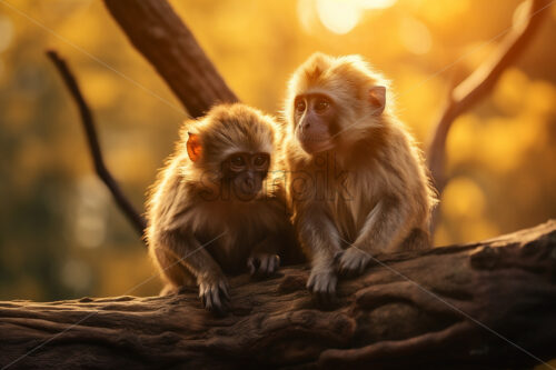 Two monkeys are sitting on a branch of a tropical tree - Starpik Stock