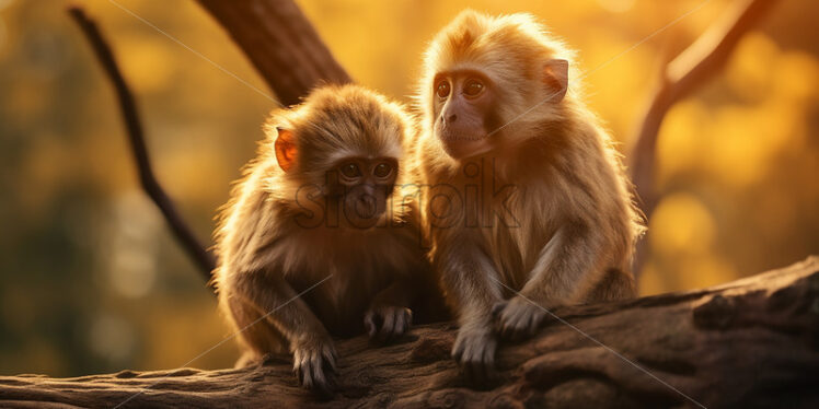 Two monkeys are sitting on a branch of a tropical tree - Starpik Stock