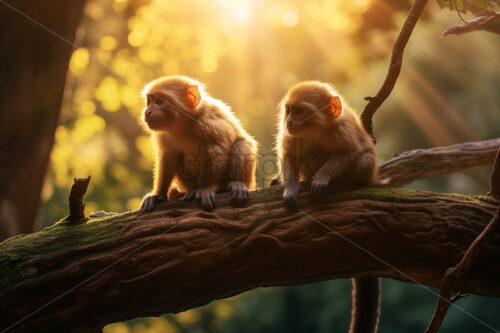 Two monkeys are sitting on a branch of a tropical tree - Starpik Stock