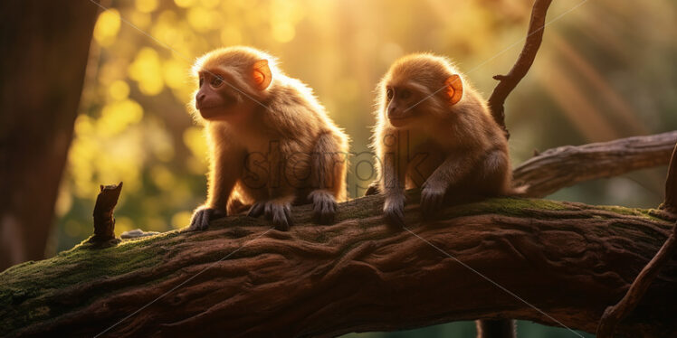 Two monkeys are sitting on a branch of a tropical tree - Starpik Stock