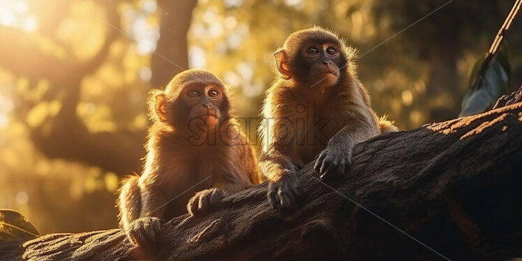 Two monkeys are sitting on a branch of a tropical tree - Starpik Stock