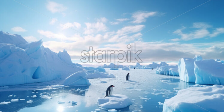 Two penguins sitting on icebergs in polar regions - Starpik Stock