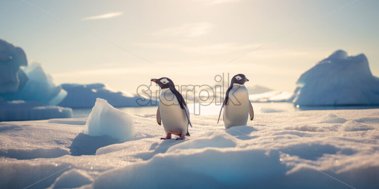 Two penguins sitting on icebergs in polar regions - Starpik Stock