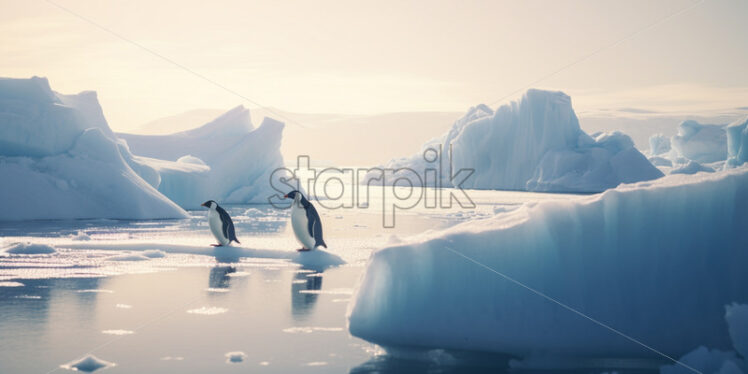 Two penguins sitting on icebergs in polar regions - Starpik Stock