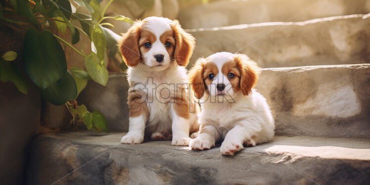 Two puppies on some stone steps - Starpik Stock