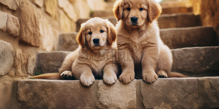 Two puppies on some stone steps - Starpik Stock