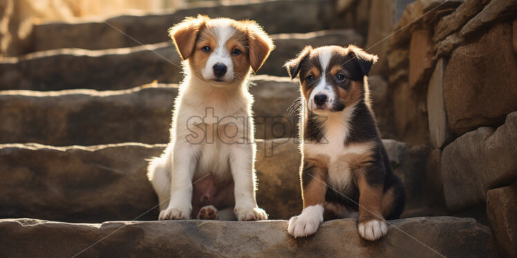 Two puppies on some stone steps - Starpik Stock