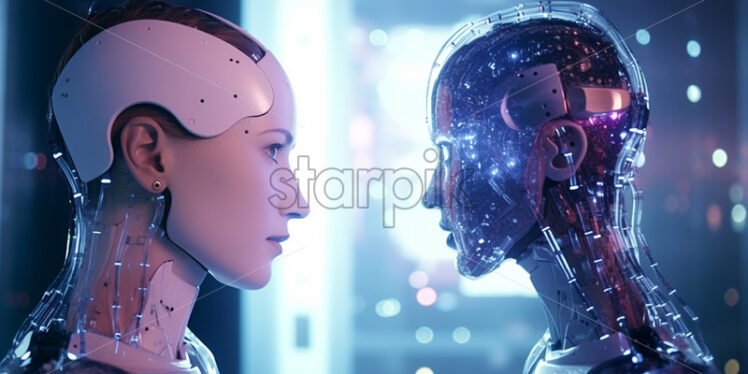 Two robots stand face to face, Artificial Intelligence - Starpik Stock