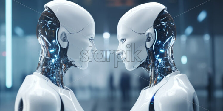 Two robots stand face to face, Artificial Intelligence - Starpik Stock