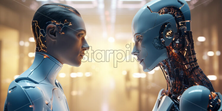 Two robots stand face to face, Artificial Intelligence - Starpik Stock