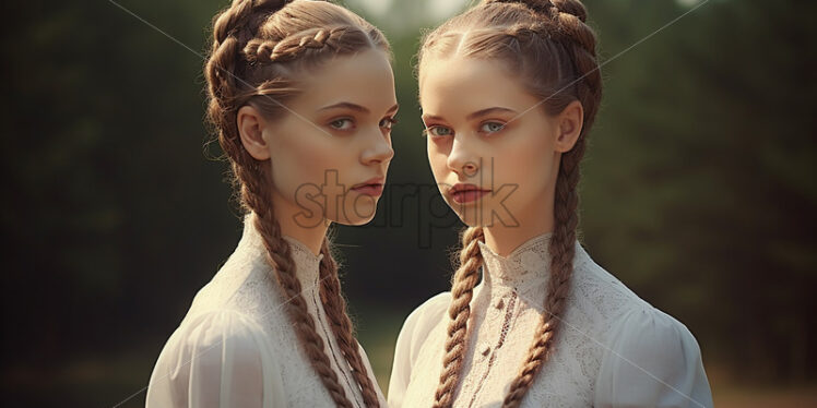 Two twin girls with braided hair - Starpik Stock