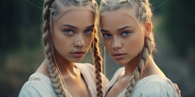 Two twin girls with braided hair - Starpik Stock