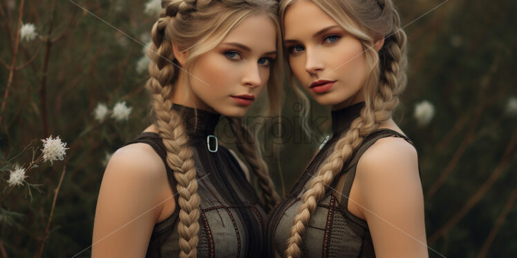 Two twin girls with braided hair - Starpik Stock