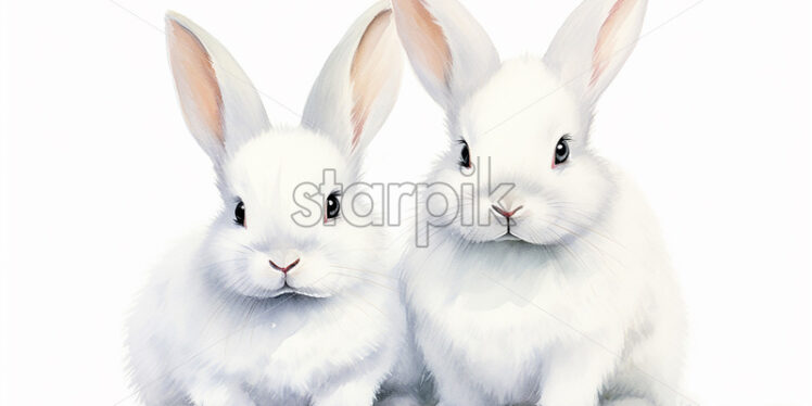 Two white bunnies on a white background, in watercolor style - Starpik Stock