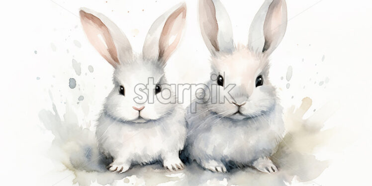 Two white bunnies on a white background, in watercolor style - Starpik Stock