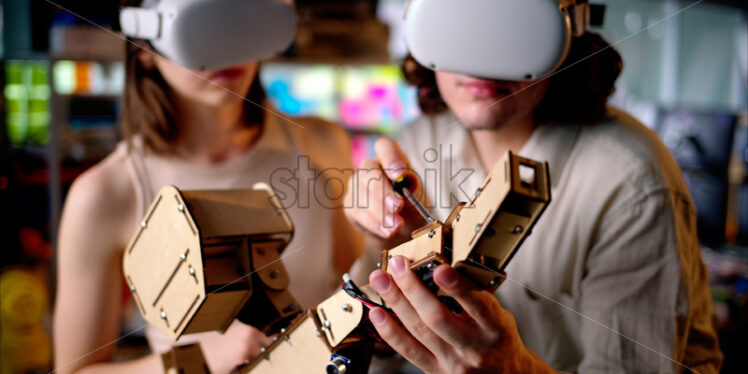 Two young engineers fixing a mechanical robot in the workshop, using VR virtual reality headsets - Starpik Stock