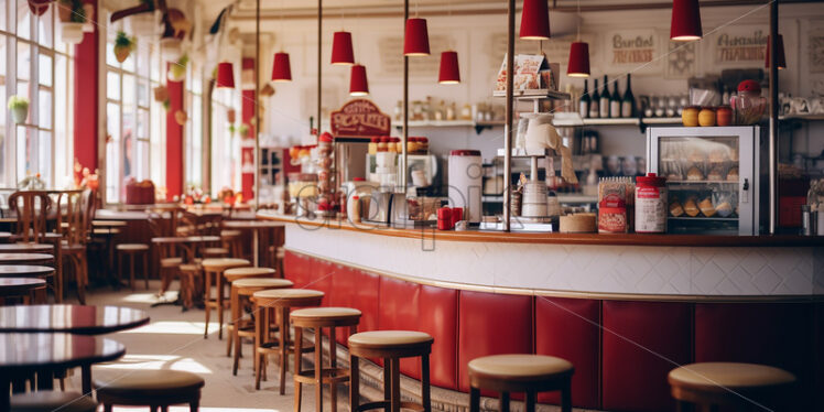 Vintage Cafe architecture in the city in a blue, wooden chair in a red and beige theme - Starpik Stock