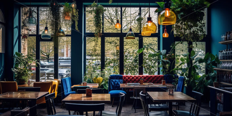 Vintage Cafe architecture in the city in a blue, yellow chair and couch with hanging and indoor plants classy theme - Starpik Stock