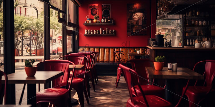 Vintage Cafe architecture in the city in a classy red theme classy counter with old red looks sophisticated - Starpik Stock