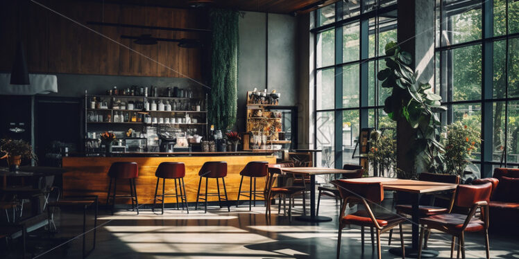 Vintage Cafe architecture in the city in a classy rustic theme classy counter and a clear glass wall with counter chair with rustic vibes and indoor plants - Starpik Stock