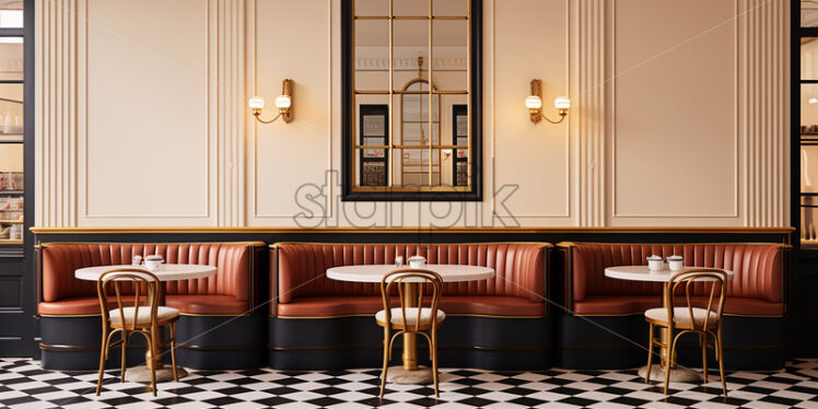 Vintage Cafe architecture in the city in a classy theme cozy couch and a fine wall with a rattan chair and a neat and elegant vibes - Starpik Stock