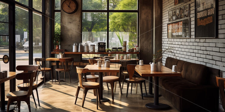 Vintage Cafe architecture in the city in a sahdes gray wall and wooden chair with classic theme - Starpik Stock