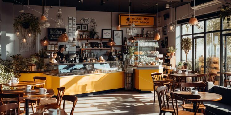  Vintage Cafe architecture in the city in a yellow aand wood theme classy counter with hanging and indoor plants classy theme - Starpik Stock