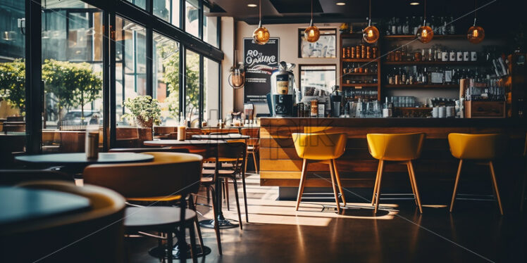 Vintage Cafe architecture in the city in a yellow aand wood with counter chair theme classy counter with classy theme - Starpik Stock