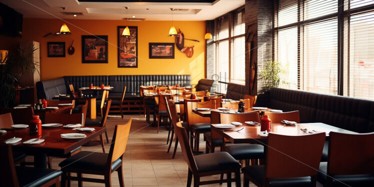 Vintage Cafe architecture in the city in a yellow and wood theme classy counter with indoor plants classy theme - Starpik Stock