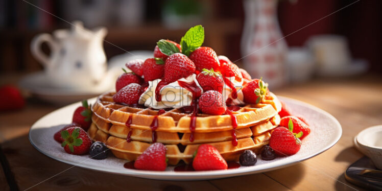 Waffles with strawberries on top - Starpik Stock