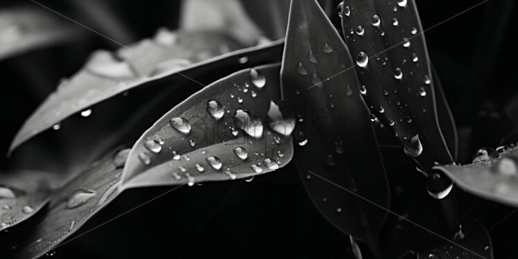 Water drops on leaves, black and white image - Starpik Stock