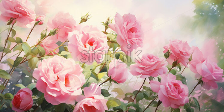 Watercolor painting of roses in a summer garden - Starpik Stock