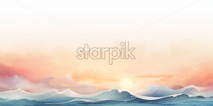 Waves at sunrise in watercolor, clipart style - Starpik Stock