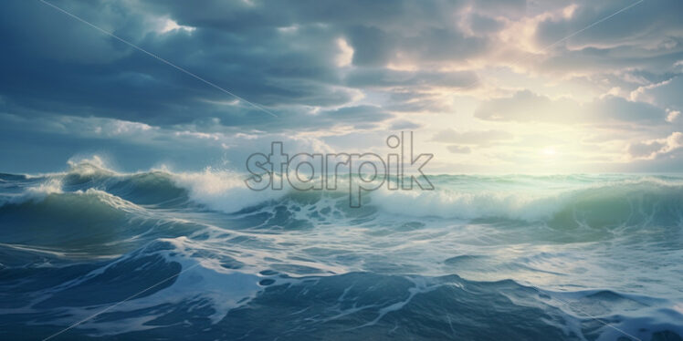 Waves in an ocean under cloudy sky - Starpik Stock