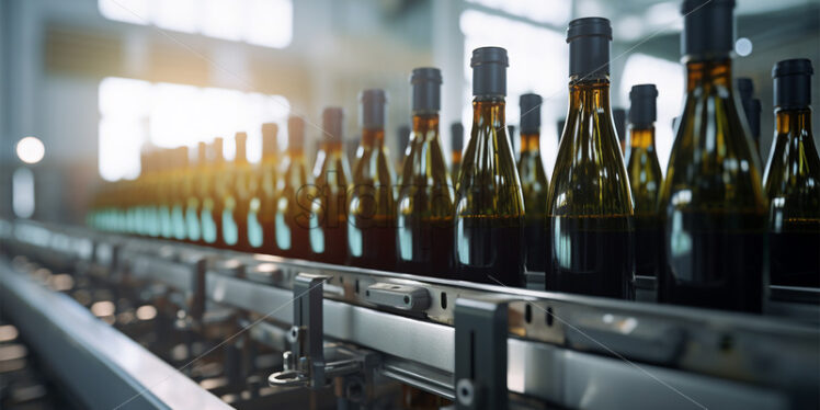 Wine production factory, glass bottles close ups mechanism labelings - Starpik