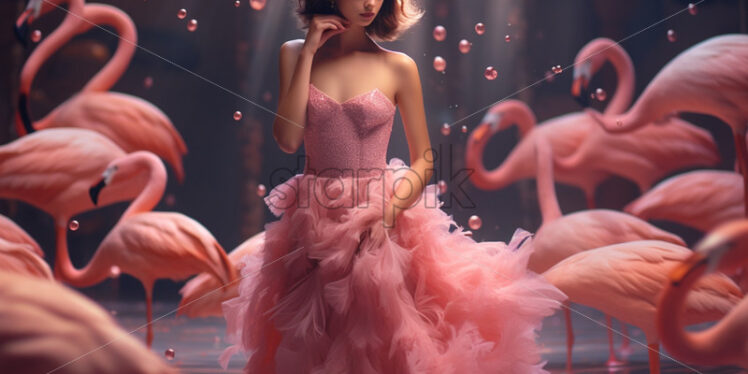 Woman and pink flamingos fashion background - Starpik Stock