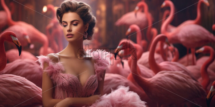 Woman and pink flamingos fashion background - Starpik Stock