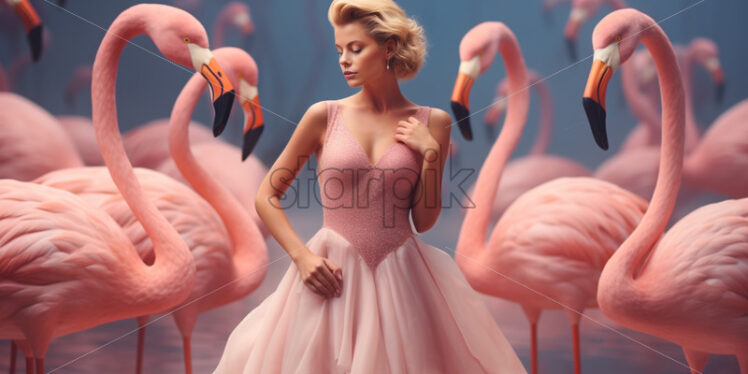 Woman and pink flamingos fashion background - Starpik Stock