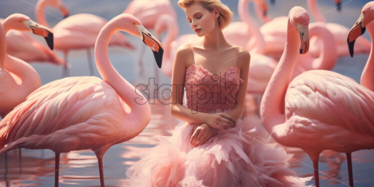 Woman and pink flamingos fashion background - Starpik Stock