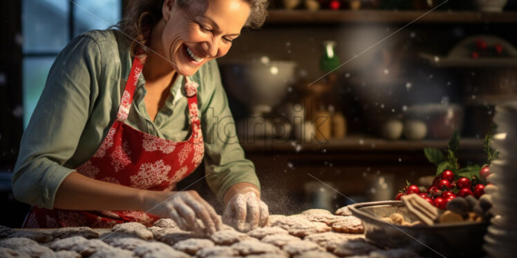 Woman baking Christmas cookies happy, rustic background home - Starpik