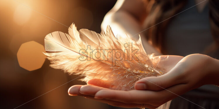 Woman hands holding feathers delicate - Starpik Stock