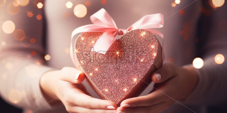 Woman hands holding pink heart giftbox festive celebrations - Starpik