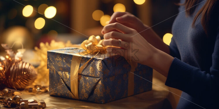 Woman hands wrapping a gift for christmas or birthday - Starpik Stock