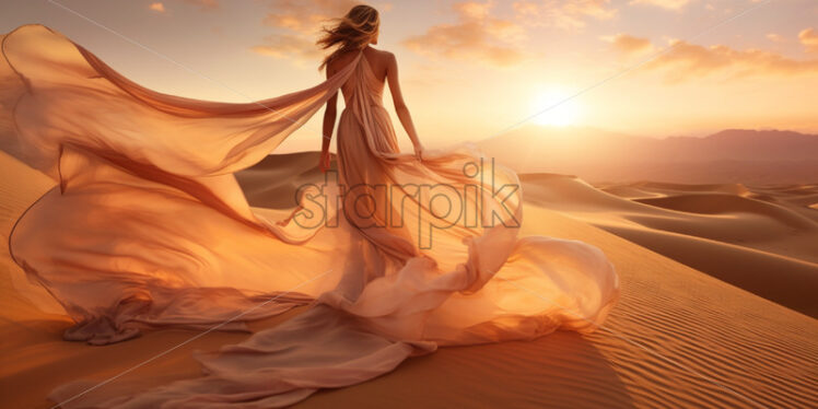 Woman in a silk dress in the desserts mysterious - Starpik Stock