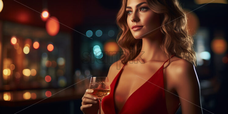 Woman in red dress drinking wine at the bars - Starpik Stock